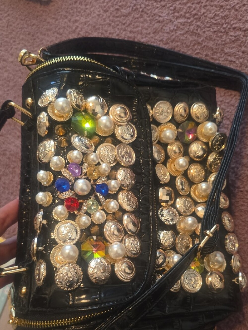 Embellished Black Crossbody Bag with Gold Accents - Picture 5 of 8